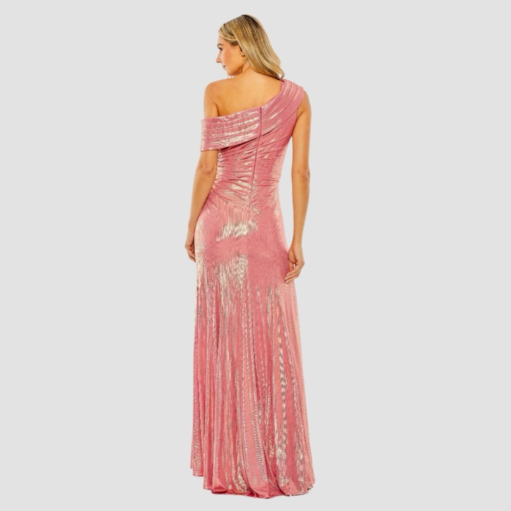 Mac Duggal NEW Metallic Pink Off The Shoulder Ruched Waist Slit Gown NWT Size 16 - Picture 2 of 10